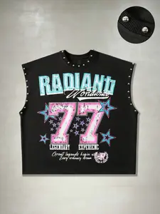 🔥Spring Summer Fashion Street Vintage 77 Number Star Rivet Sleeveless Trendy T-Shirt Vest Tops, Graphic Pop Art Print, Fitted Style