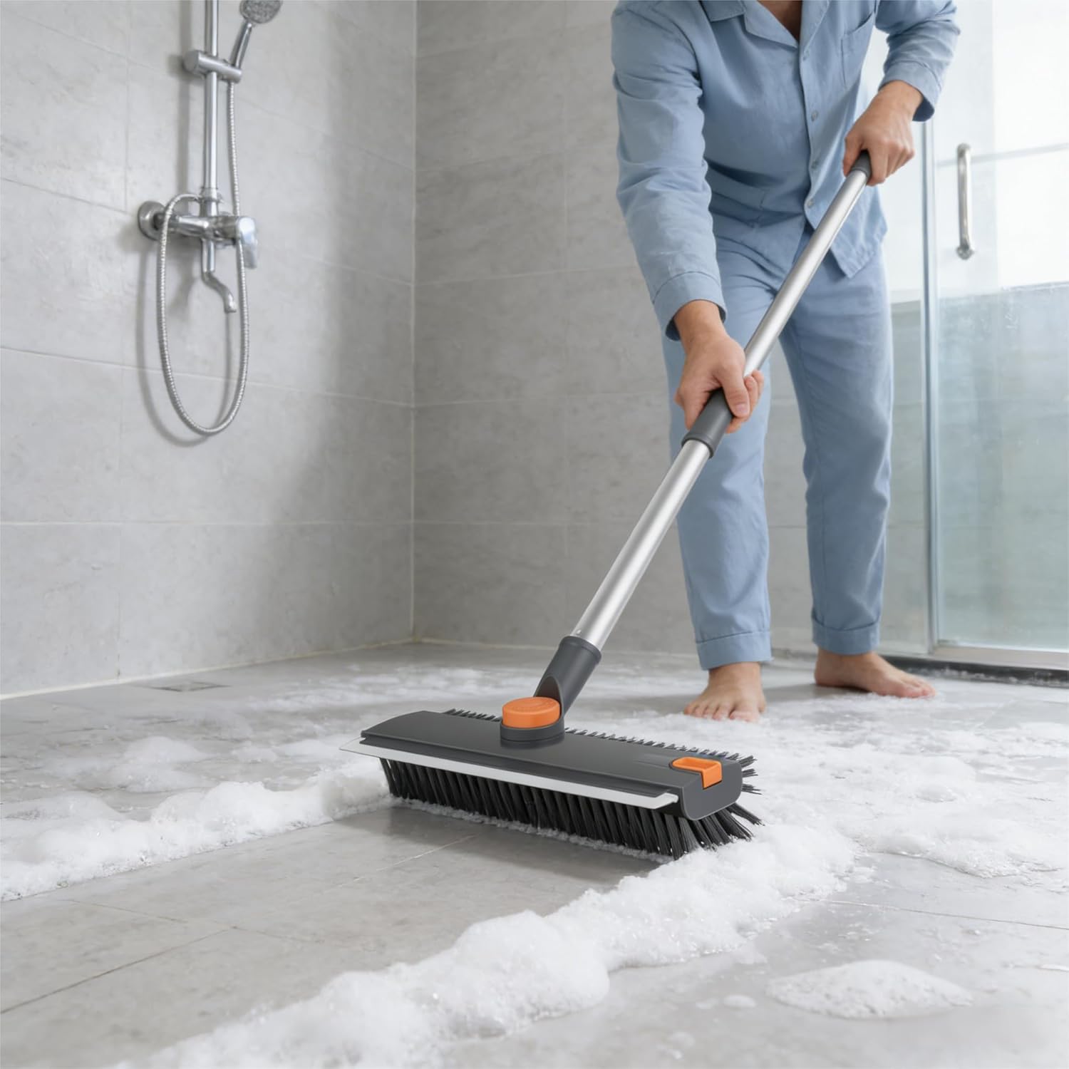 3-in-1 Heavy-Duty Floor Scrub Brush with Long Handle | Adjustable 360° Rotating Head | Stiff Bristles for Bathroom, Shower, Kitchen, Wall & Floor Cleaning | Multi-Purpose Scrubber for Garage, Patio & Deck | Perfect Gift for Home Cleaning Enthusiasts