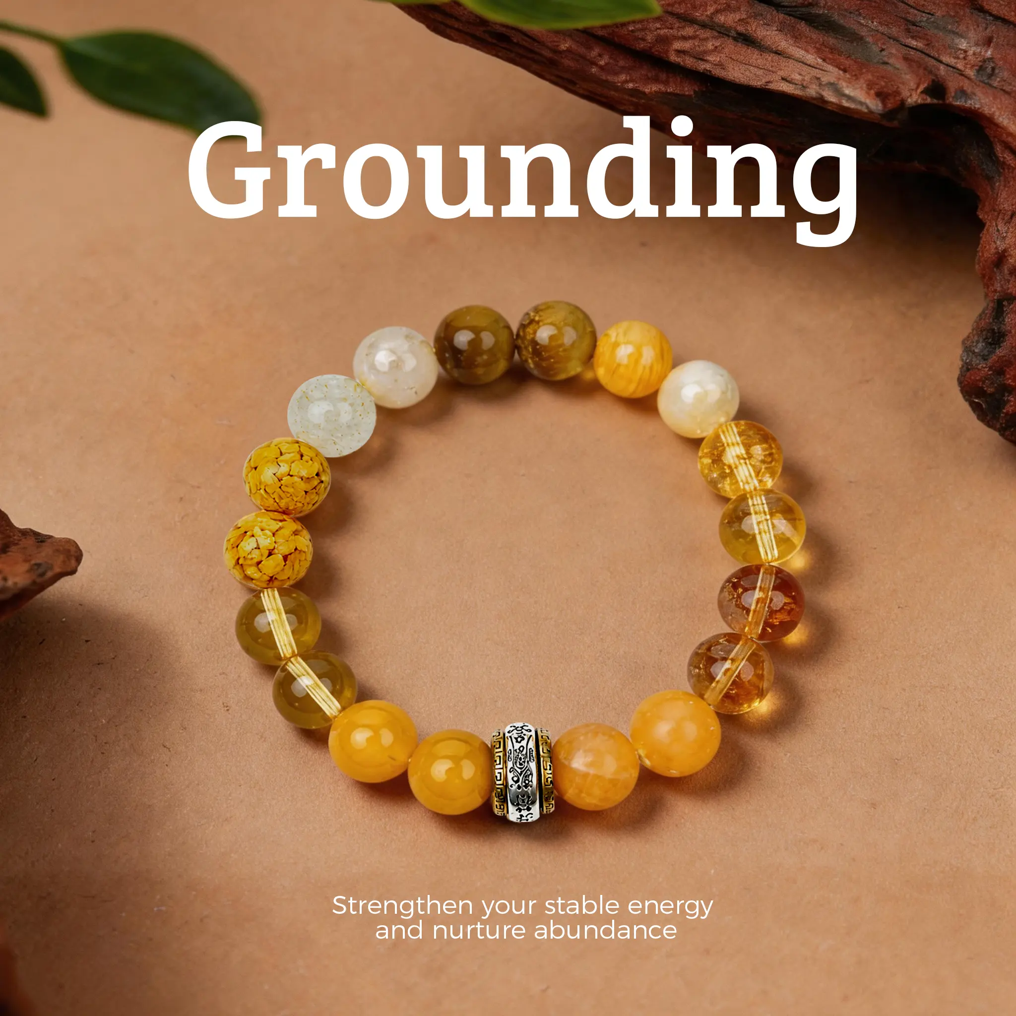 LUMAWU Earth Element Grounding Crystals Bracelet - 10mm Natural Gemstone Bracelet with Citrine, Tiger's Eye, Yellow Agate - Unisex Adult Prosperity Protection Costume Jewelry Talisman, Crystals Bracelets