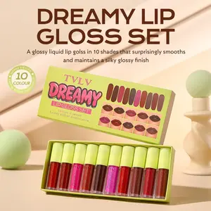 10pcs dreamy lip gloss set, multi-shade glossy liquid lipstick, Glassy Lip, smooth and long-lasting, non-fading, not easy to stick to cups, gift box set of lip gloss and lipstick, gift for girlfriend for holidays and anniversaries