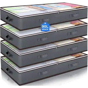 90L Under Bed Storage Containers, Closet Organizers and Storage Bins, Foldable Underbed Storage Bags for Wrapping Paper, Blanket, Clothing, Comforter, Sweaters, Pillows, Linen Sheets, Grey