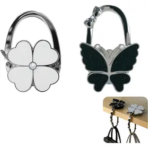 Foldable Handbag Hanger Butterfly and Four Leaf Clover Design Purse Hook for Table Hangs Almost Anywhere