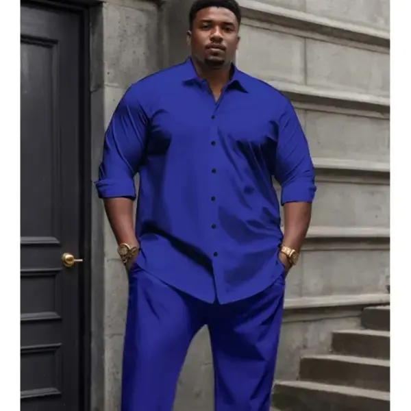 Men's Big & Tall Plain 2-Piece Suit Set - Wrinkle-Textured, Slight-Stretch Woven Polyester Clothes, Lapel Button-Down Shirt, Loose-Fit Straight Pants, Machine Wash, Spring Summer Casual Outdoor Outfit