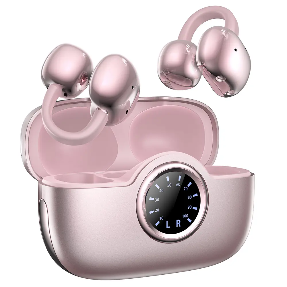 Open Ear Wireless Clip-on Earbuds, Bluetooth 6.0, 24H+ Playtime Digital Audio Stereo Earphones, Fingerprint Touch Ultra-Light, IPX5 Sweatproof, for Fitness & Work Music Calls