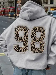 Women's Dropped Shoulder Hoodie, Leopard Print Number 98, Fashion Casual Drawstring Pocket Sweatshirt, Fall & Winter
