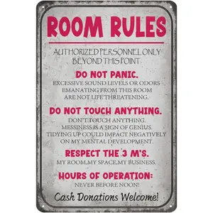 Tin Signs Funny Vintage Room Rules Sign Bedroom Door Decor Dorm Wall Accessories Cute Pink Preppy Room Decorations Teenage Door Sign Fun Gifts for Birthday Holiday 12 X 8 In