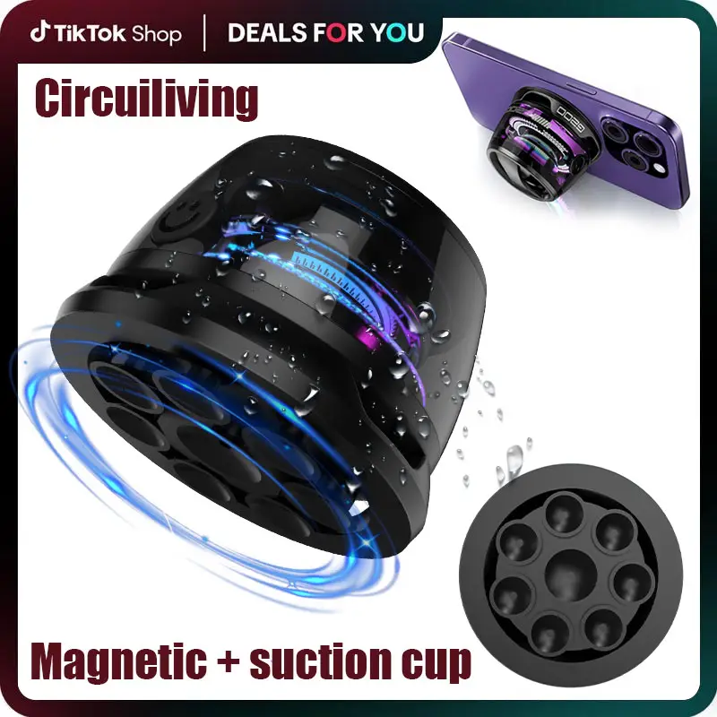 CircuiLiving G200 Magnetic and Suction Cup Bluetooth Speaker, mini speakers, IPX4 waterproof, RGB lights, TWS stereo surround sound Audio, Phone holde