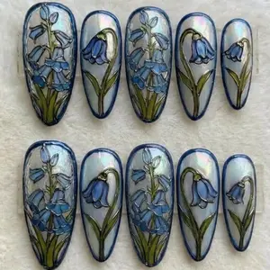 Bluebell Morning Stained Glass - Luxury 3D Press-On Nails | Iridescent Opal & Blue Botanical Nail Art