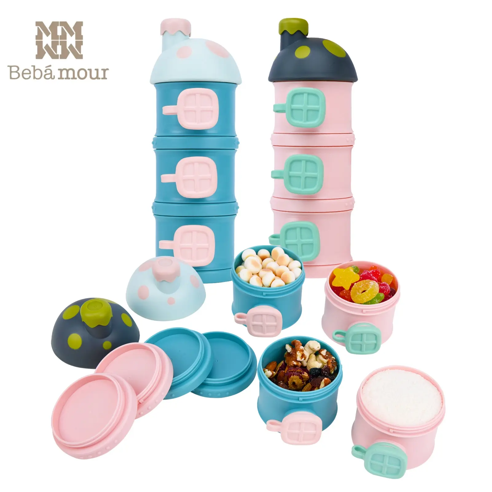 Bebamour 3-Tier Stackable Baby Formula Dispenser, Detachable Milk Powder & Snack Container, Portable Travel Food Storage for Babies, On-the-Go Feeding Organizer