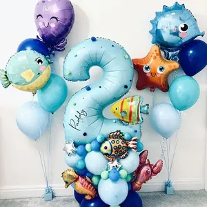 45count Ocean World Under Sea Animal Balloons Blue Number Foil Balloon Kids Birthday Party Decoration Baby Shower Helium Globos