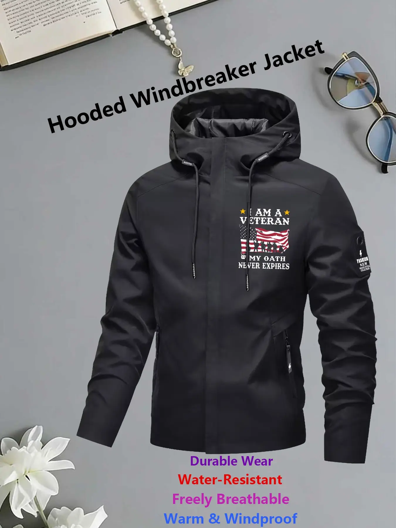 Women's Stylish Trendy Hooded Windbreaker Jacket Front “I AM A VETERAN” Veteran-Themed Print Windproof Water-Resistant Breathable Comfortable Durable Ideal for Honoring Veterans Daily Commute Leisure Outings in Spring Autumn Winter