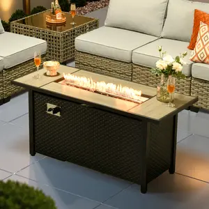 Weaxty Steel Fire Pit, 42/54'' Outdoor Propane Fire Pit Table 50,000 BTU Rectangle Pit with Tiles Tabletop and Waterproof Cover, Gas Fire Table for Garden,Patio, Modern Safety, Heating BBQ 2 in 1