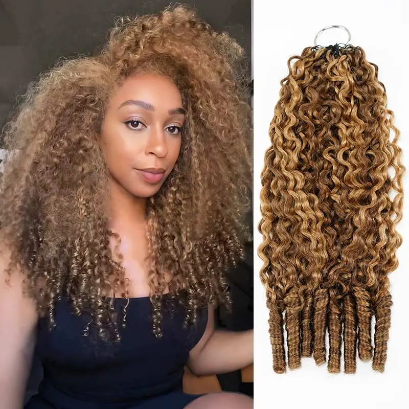 QVR Burmese Curly Human Hair Extensions, Seamless Machine Made Feather Crochet Hair with #P4/27 Highlights for Women, Crochet Hairstyles, Curly Weave Extensions, Burmese Curly Crochet Hair