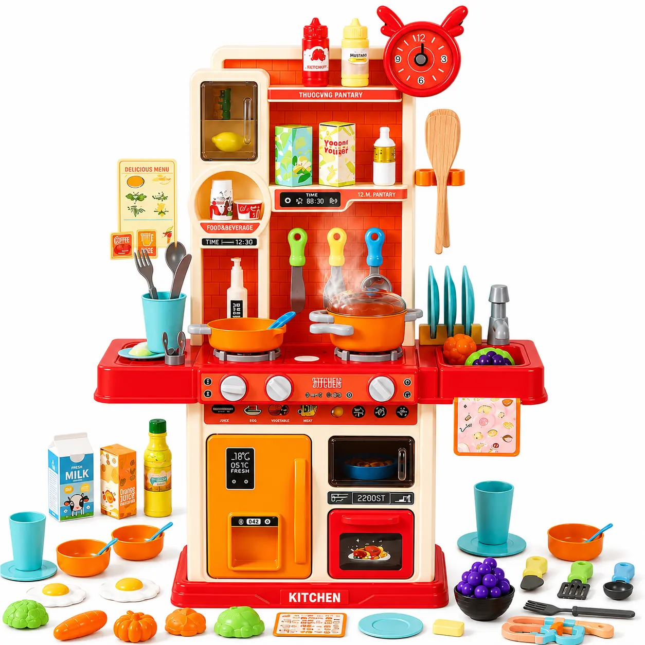 45PCS Kids Kitchen Playset, Pretend Cooking Toy with Steam, Lights, Sounds, Play Sink and Kitchen Accessories for Boys Girls
