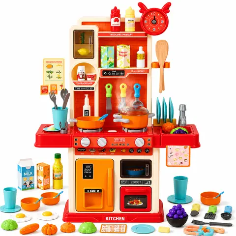 45-Piece Kids Kitchen Playset with Steam Effect, Lights and Sounds, Pretend Cooking Toy with Water Sink, Play Food and Utensils