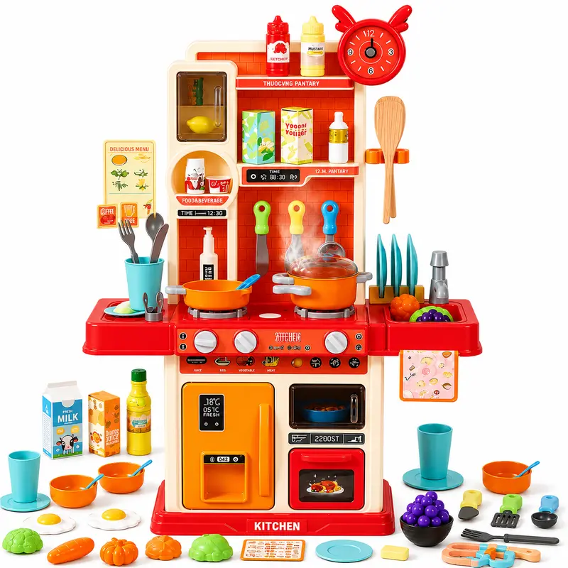 45-Piece Kids Kitchen Playset with Steam Effect, Lights and Sounds, Pretend Cooking Toy with Water Sink, Play Food and Utensils