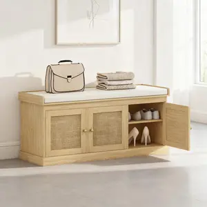 Shoe Storage Bench with Woven Rattan Doors, Shoe Bench
