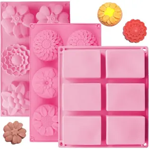 3 Pack  Soap Molds, 6 Cavities Flower Making Mold, Included Rectangle Shape Supplies,  for  Soaps, Homemade