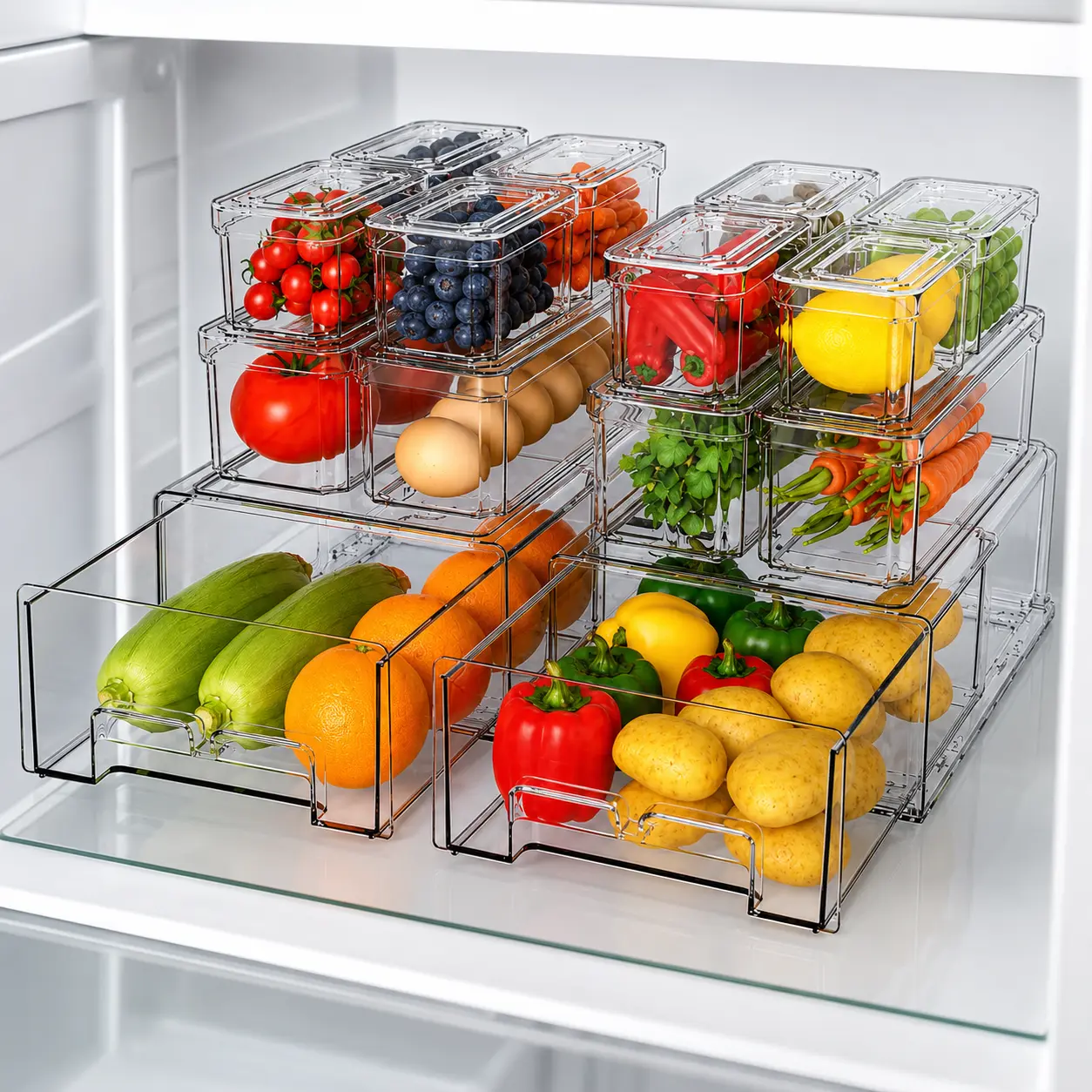 AISOON 7/10/14-Pack Stackable Refrigerator Organizer Bins with Lids & Pull-Out Large Drawer, BPA-Free Food-Safe Stacking Food Containers for Produce, Kitchen Appliances, Refrigerator Accessories, Organizer Storage