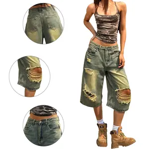 Oversized Distressed Denim Capris for Women - Baggy Ripped Jean Shorts with Y2K Streetwear Vibe