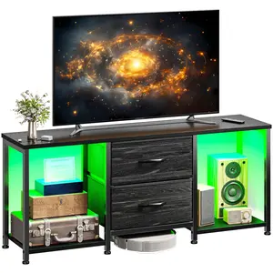 RaybeeFurniture TV Stand for Bedroom with LED Lights, Dresser TV Stand with Two Fabric Drawers and Open Storage Shelves, TV Stands for Living Room, Entertainment Center, TV Console, Wood Top, Metal Frame