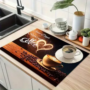 1P steaming coffee patterned drain pad, stylish and elegant creative coffee machine pad, fast drying, super absorbent rubber, perfect for espresso machines and coffee bars, decorative dishwashing pad, diatomaceous earth oven pad, Kitchenware