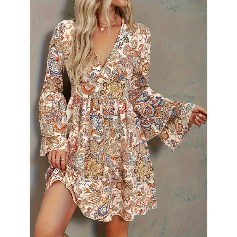 Women's Paisley Print Tiered Flared Sleeve Boho V-Neck A-Line Dress - Polyester Casual Wear for Spring, Fall, Summer