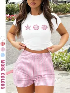 TikTok Trending Beach Outfit, Womenswear, Starfish and Hibiscus, Round Neck Crop Top with Striped Shorts Y2K Summer Essential, Soft, breathable fabric, Perfect for seaside vacations, music festivals, mix and match colors
