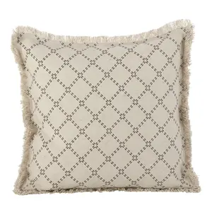 212 MAIN SARO 2147.N20S 100% Cotton Down-Filled Throw Pillow - Diamond Print Fringe Trim, Traditional Look, Zippered Back Home Decorative Cushion for Indoor Use