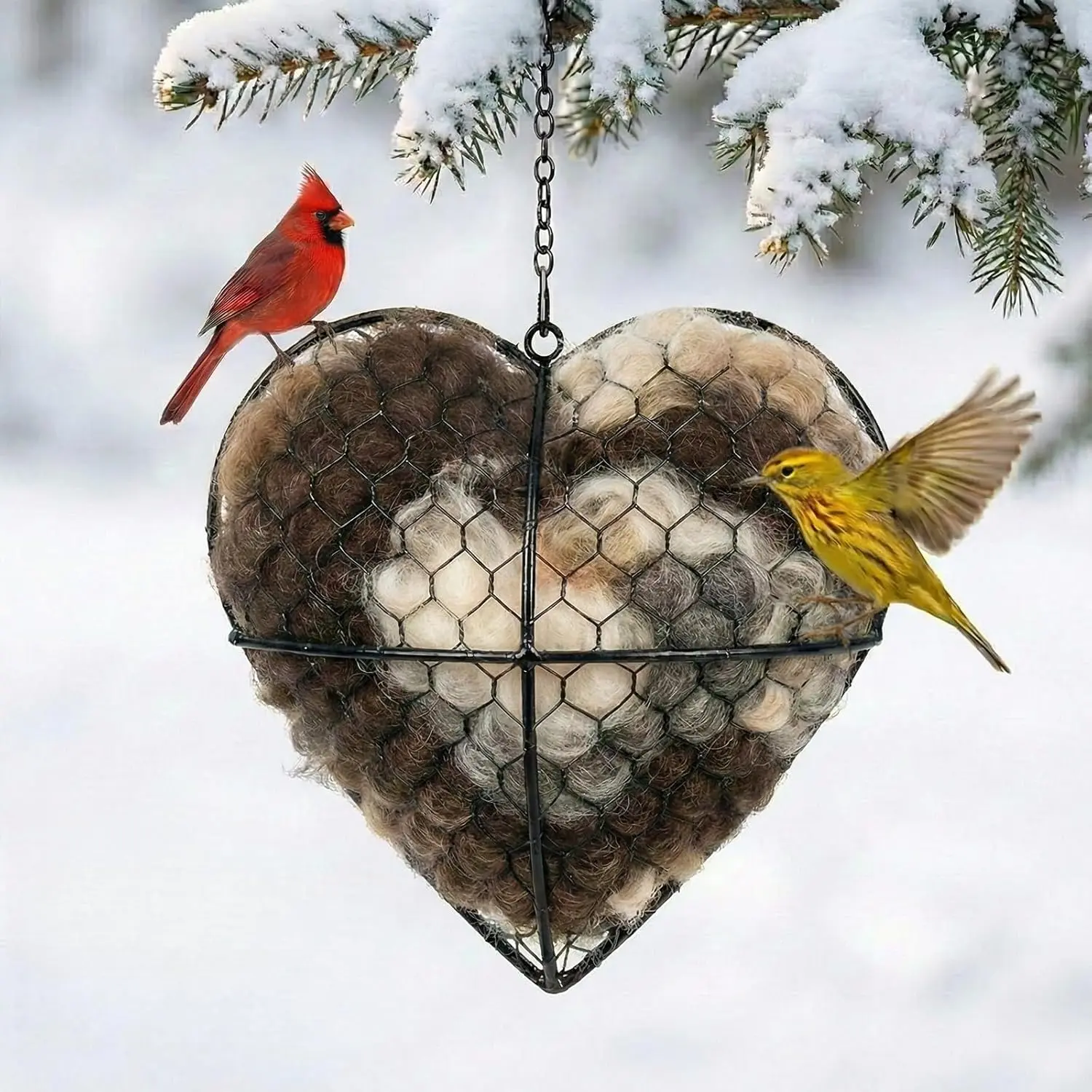 Handmade Alpaca Wool Bird Nest Heart-Shaped Container - Refillable Bird Nest Material Holder with Alpaca Wool for Bird Nest Making - Outdoor Garden Dispenser and Wild Bird Nesting Material (1 set)