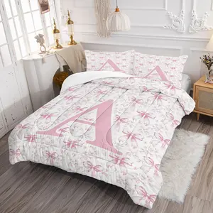 2/3Pcs Coquette  Aesthetic Pink Bow Floral Initial A-Z Comforter Set, Cute Watercolor Bow Print Quilt Bedding Set with Pillowcases, Romantic Girly Bedding for Teen Girls Bedroom Dorm Apartment, Sweet Preppy Home Decor