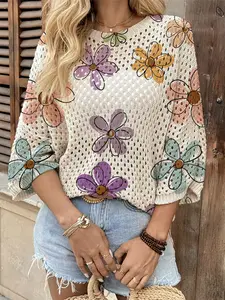 Spring/Summer style, crew neck hollow-out loose batwing sleeve cover-up, color-block floral print women's knitted top, vacation style, casual for commuting, bikini cover-up, Sheer Cover Up