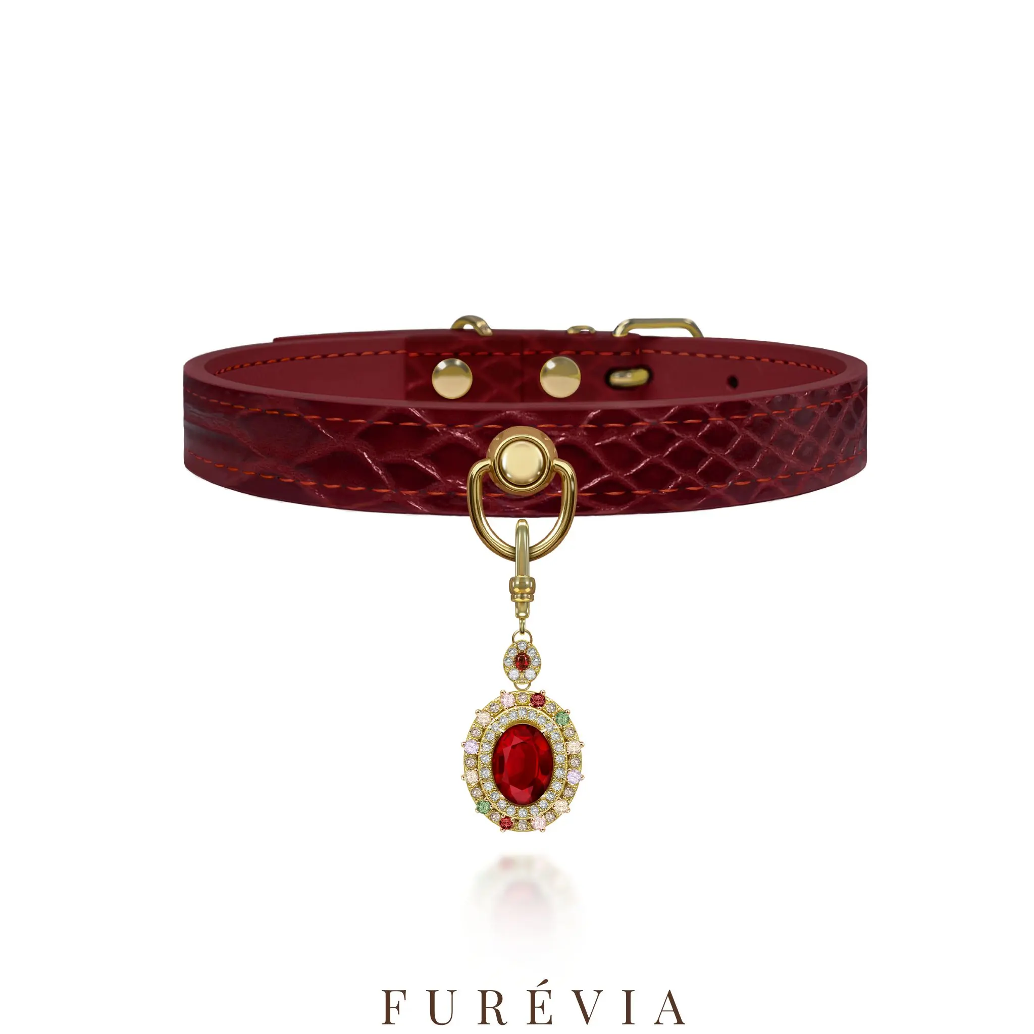 Luxury Croc Leather Cat Dog Collar with Crystal Charm | Victorian Red Crocodile Embossed Pet Necklace | Designer Jewelry Collar