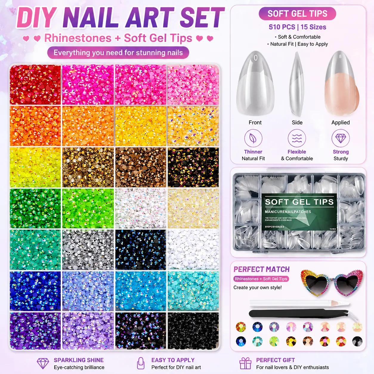 #Summervibes DIY Nail Art Set: 510PCS Pre-Etched Extra Short Clear Gel Tips & Gem Bedazzling Kit - 28 Colored & 34000 PCS with Mixed Resin Rhinestones, Tweezers, and Pick up Pen