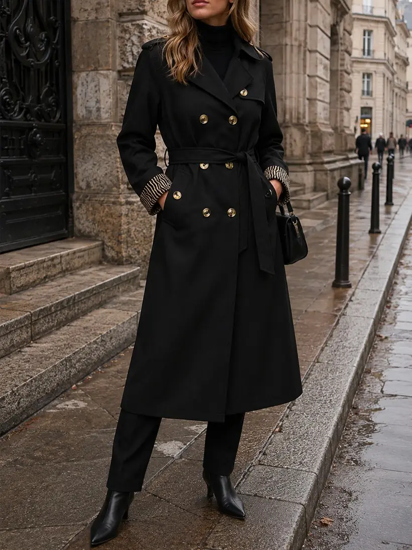 Women’s vintage long-sleeve trench coat with a turn-down collar, belt, and zebra-print cuffs—comfortable, stylish, and versatile; suitable for everyday outings, work, and casual trendy looks. Women’s trench coat, women’s outerwear. sohochic
