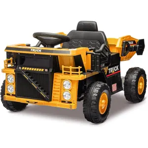 GARVEE 12V Ride On Dump Truck with Remote Control, Electric Dump Bed, Shovel, Music Player, High and Low Speed, Four-Wheel Shock Absorption, Yellow Construction Vehicle Toy
