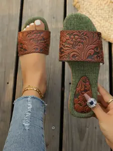 Women's Flat Summer Sandals, Vintage Baroque Style, Gold Floral Embossed, Soft Sole Anti-Slip, Wide Fit, Party Beach Daily Wear