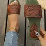 Women's Vintage Baroque Style Wide Fit Flat Summer Classy Sandals, Golden Floral Embossed Soft Sole Anti-Slip Shoes for Party, Beach and Daily Wear