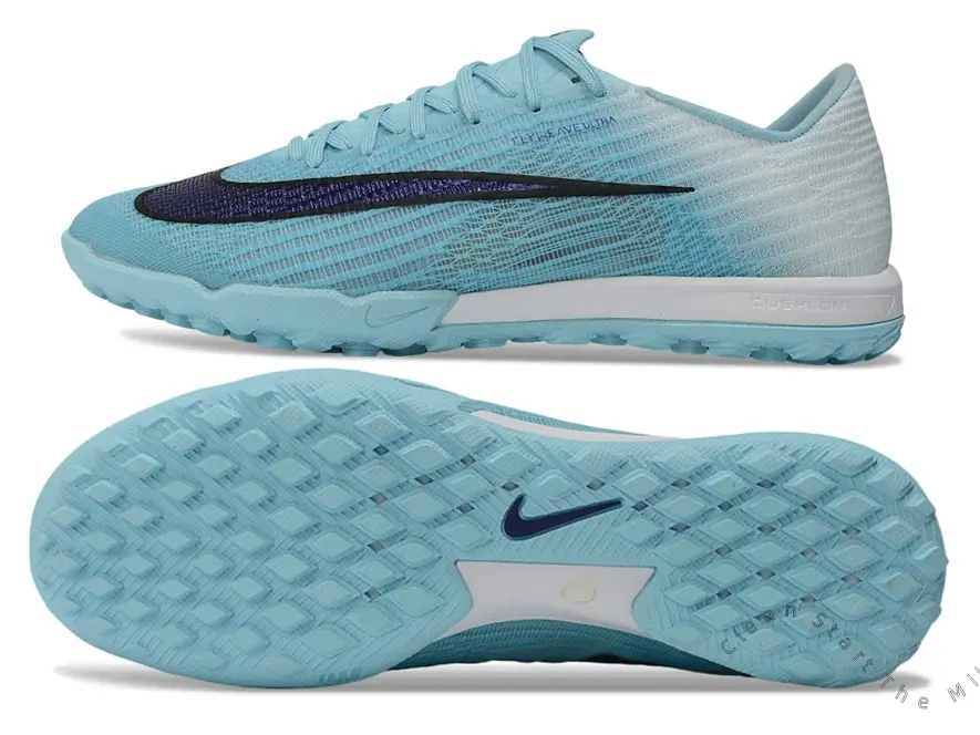 Deep Purple Gradient Side Stripe Light Ice Blue Vertical Gradient Stretch Knit Turf Soccer Cleats, Light Blue Square Anti-Slip Rubber Outsole With White Cushion Layer Unisex Low Top Footwear For Indoor Artificial Turf Youth Daily Training