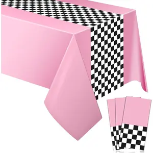 Car Birthday Party Supplies Racing Decorations 50s Party Tablecloth Racetrack Table Runner Table Covers for Kids Boy Car Theme Birthday Decor, 54 x 108 Inch(Pink,3 Sheets)