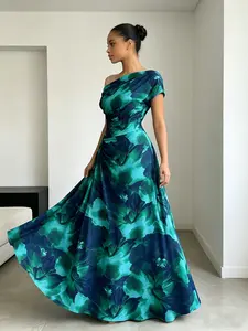 Blue Gradient Floral Print One-Shoulder Evening Gown, Ruched Waist Maxi Dress, Elegant Silk Long Skirt for Parties and Weddings