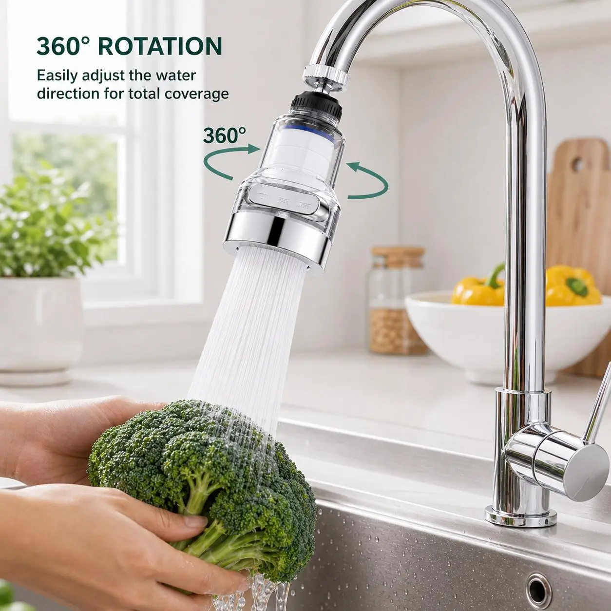 1 Count, 360° Rotating Faucet Aerator Filter 6-Layer Filtration 3 Water Modes Splash-Free for Kitchen Sink Fruit Vegetable Cleaning