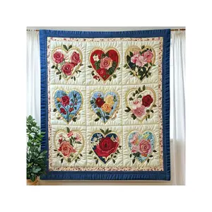 Beautiful Vintage Handmade Embroidered Heart Floral Rose Patchwork Quilt, Decorative Blue Border Throw Blanket Artisan Wall Hanging
