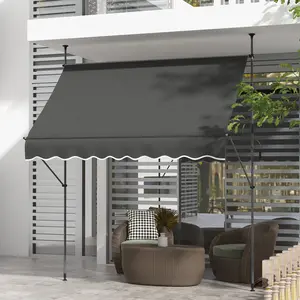 8' x 4' Manual Retractable Awning Non-Screw Patio Awning UV Resistant for Window or Door Dark Gray Adjustable Canopy Sun Shade Solid Frame
