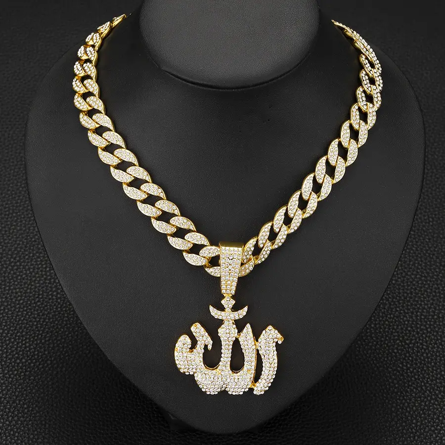 Sparkling Allah Necklace Cuban Chain Islamic Muslim Arabic Symbol Pendant Men's Jewelry Amulet Suitable Daily Wear Gifting Occasions Stainless Steel Great Gift Fashion Charming Piece Exquisite Look Modern Refined