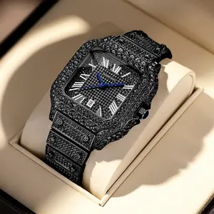 DAYAND NIGHT 2026 New 42mm Luxury Fashion Iced Out Moissanite Full Diamond Square Face Roman Numerals Quartz Watch, Unisex Waterproof Calendar Timepiece for Business Banquets & Daily Wear, Ideal Valentine's/Anniversary Gift