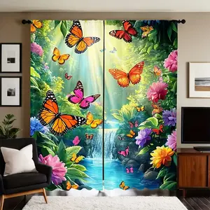 Colorful Butterfly Landscape Print Curtains Window Curtain, 2 Piece Set Modern Design, Durable Polyester Fabric, Ideal for Kitchen Living Room Bedroom Home Decor