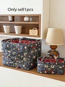 Navy Blue Floral Quilted Basket Bag, Vintage Morris Print Padded Handbag, Aesthetic Quilted Storage Bag with Flower Pocket, Cute Tote Bag for Women, Travel & Home Use, Portable Storage Organizer
