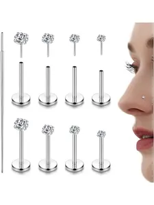 Gold Plated Threadless Nose Studs CZ Nose Rings for Women Men 316L Steel Labret Studs Lip Rings Push in Flat Back Stud Earrings CZ Nose Nostril Tragus Helix Piercing Jewelry Hypoallergenic 20G 18G 16G