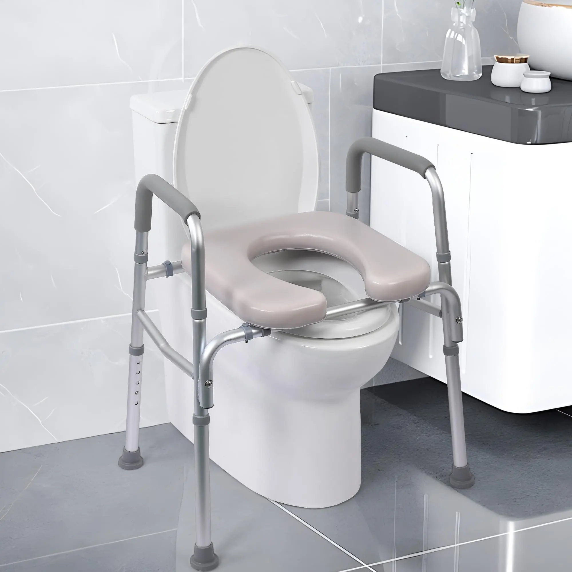 GARVEE Raised Toilet Seat with Cushion and Armrests, Adjustable Height for Seniors,Supports up to 350lbs